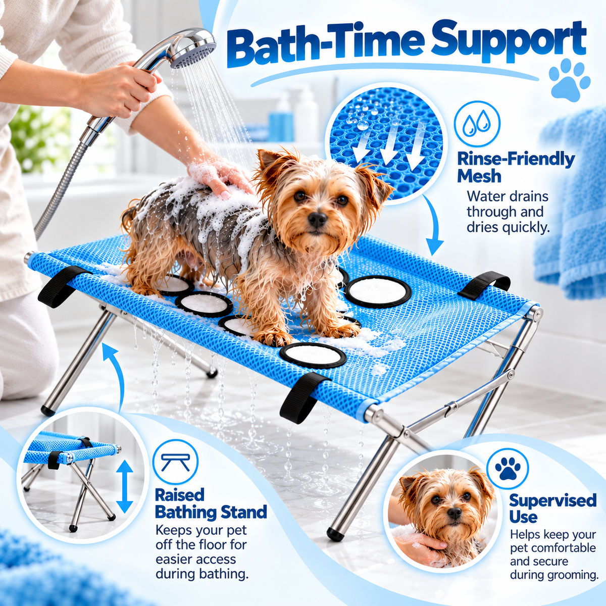 Illustrative supervised pet bath scene with PawNuma stand