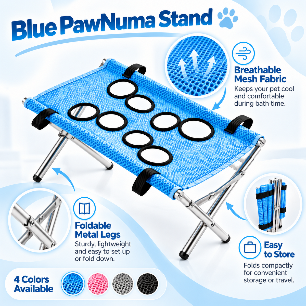 PawNuma blue grooming stand — foldable legs and mesh details