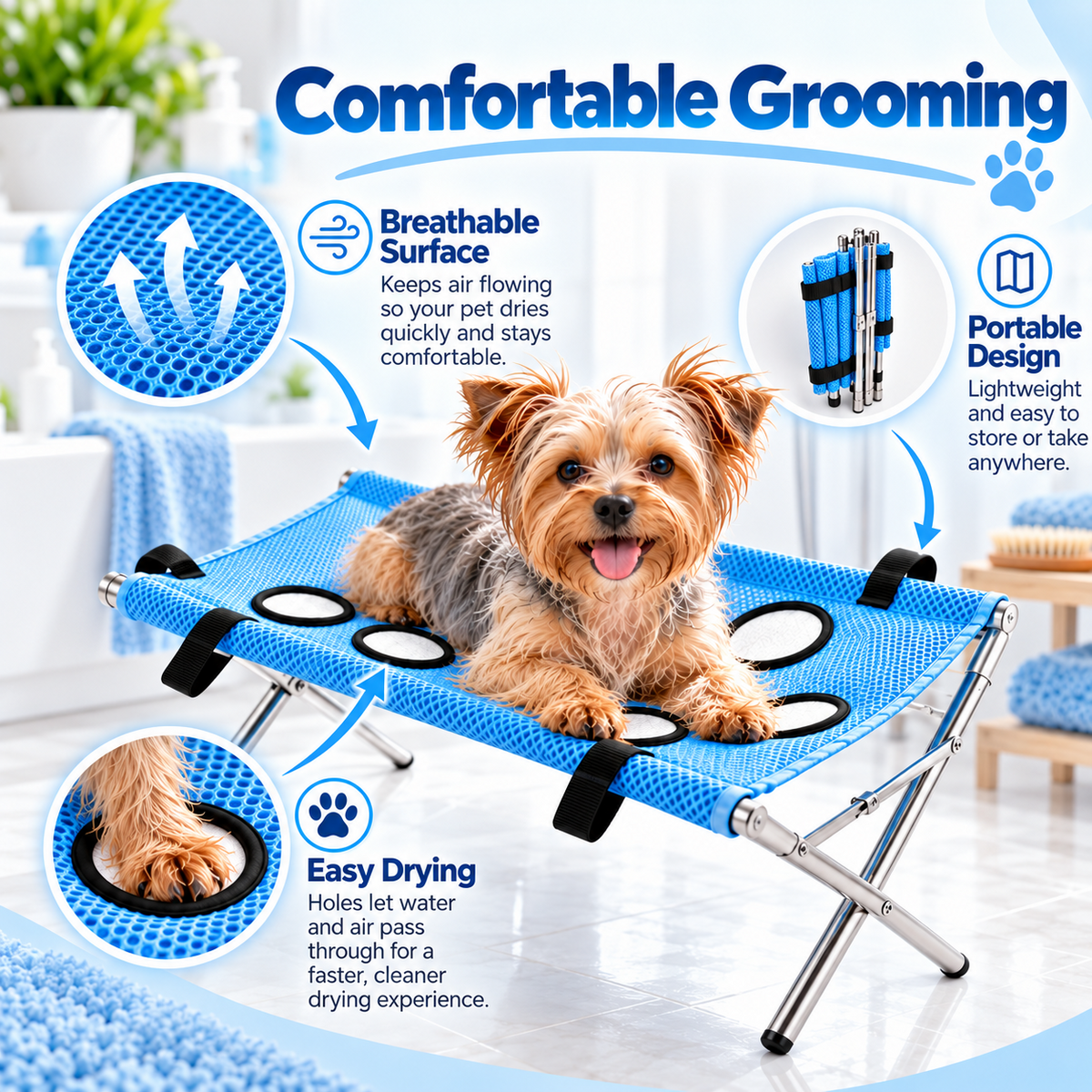 PawNuma grooming stand — illustrated breathability and storage features