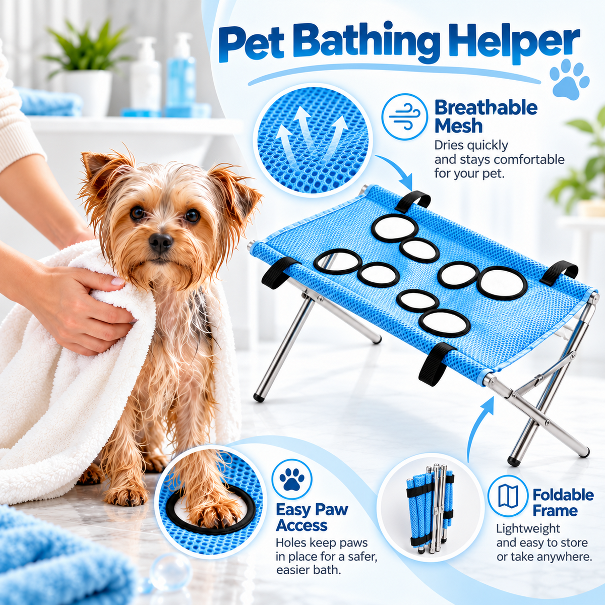 PawNuma pet bathing helper — illustrated mesh, paw access and folding features