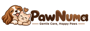Logotipo PawNuma en marrón: perro y gato, Gentle Care Happy Paws, con fondo transparente